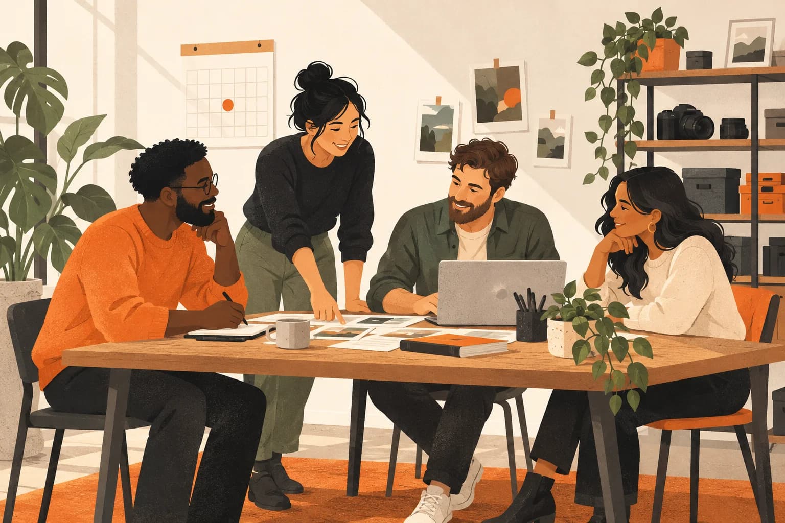 Illustration of a small team working together around a laptop